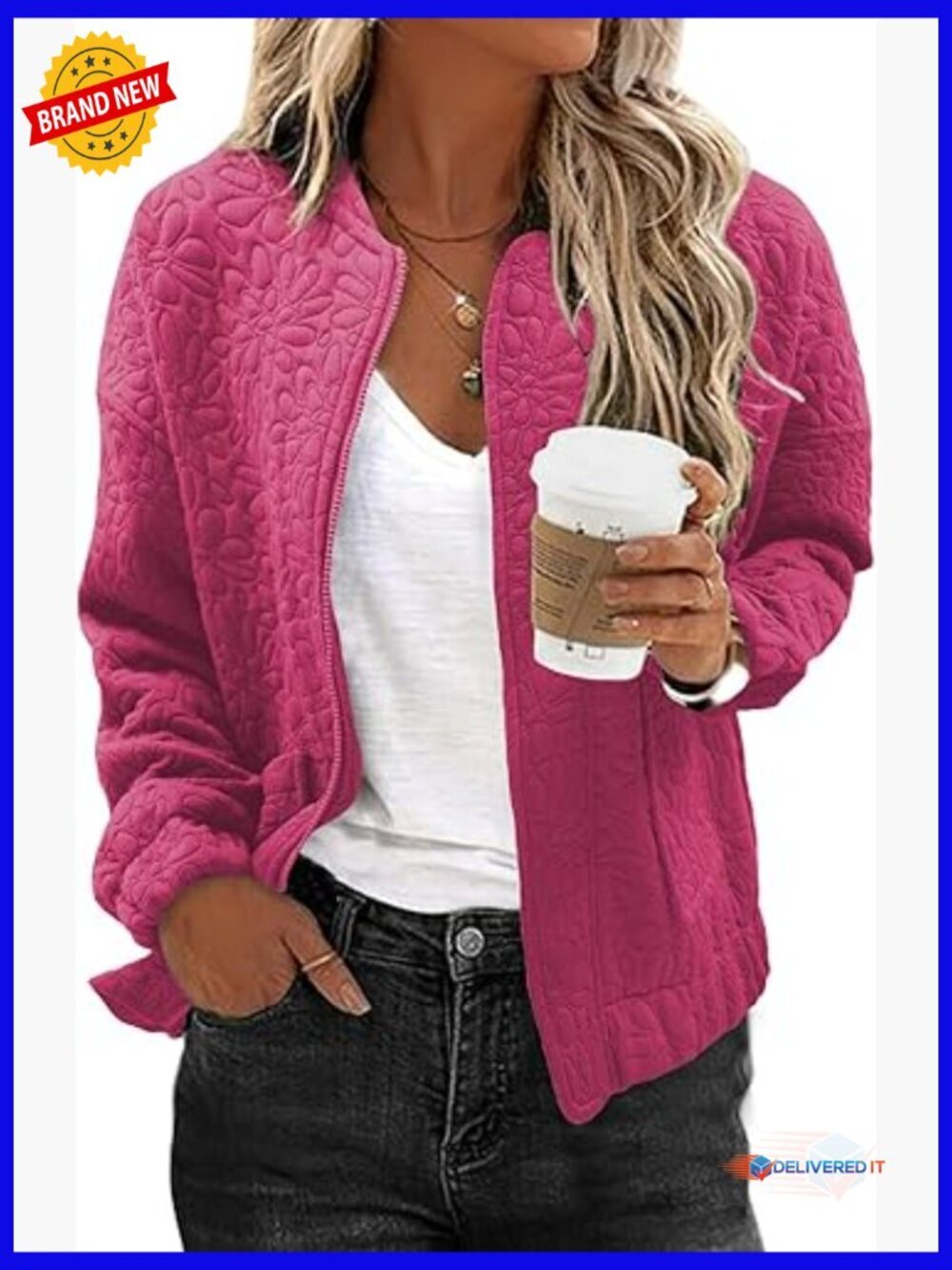 Lightweight Jacquard Bomber Jacket Spring Zip Up Coat Women's Casual Outerwear